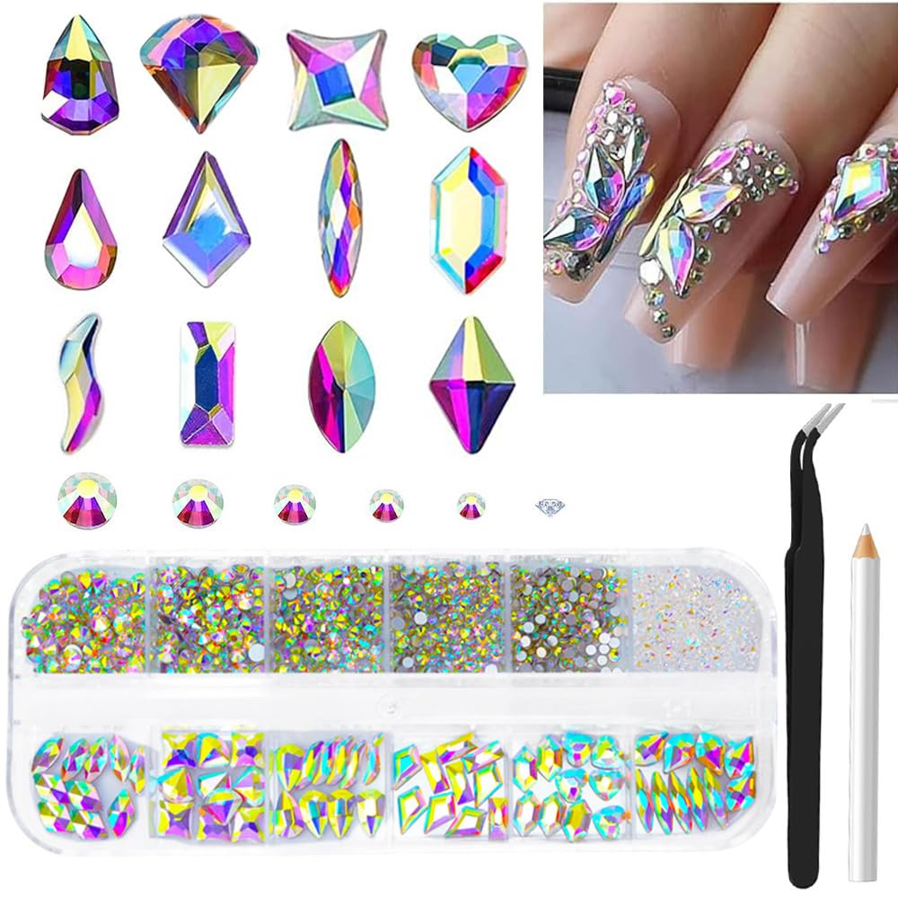 1350Pcs ab Rhinestones Nail Gems, 60Pcs Big Colorful Nails Charms with Bling Flatback Round Beads, AB Colored Clear Diamond Stones Jewelry Supplies for DIY Faces Eyes Makeup Crafts Decoration