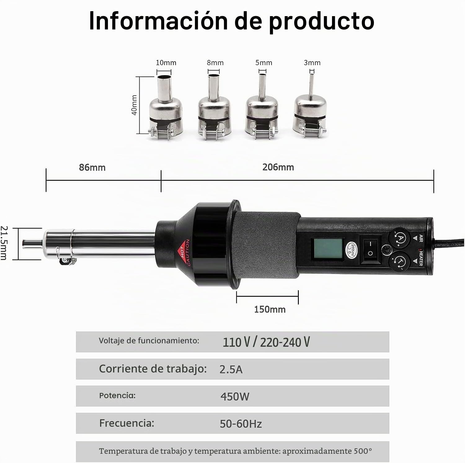 Pistola de Aire Caliente, 220V 450W Soldador Aire Caliente, Pistola de Calor, Estación de Soldadura Electrónica con Pantalla LCD Ajustable para Circuitos Integrados SMD BGA con 4 Boquillas, 1 Soporte