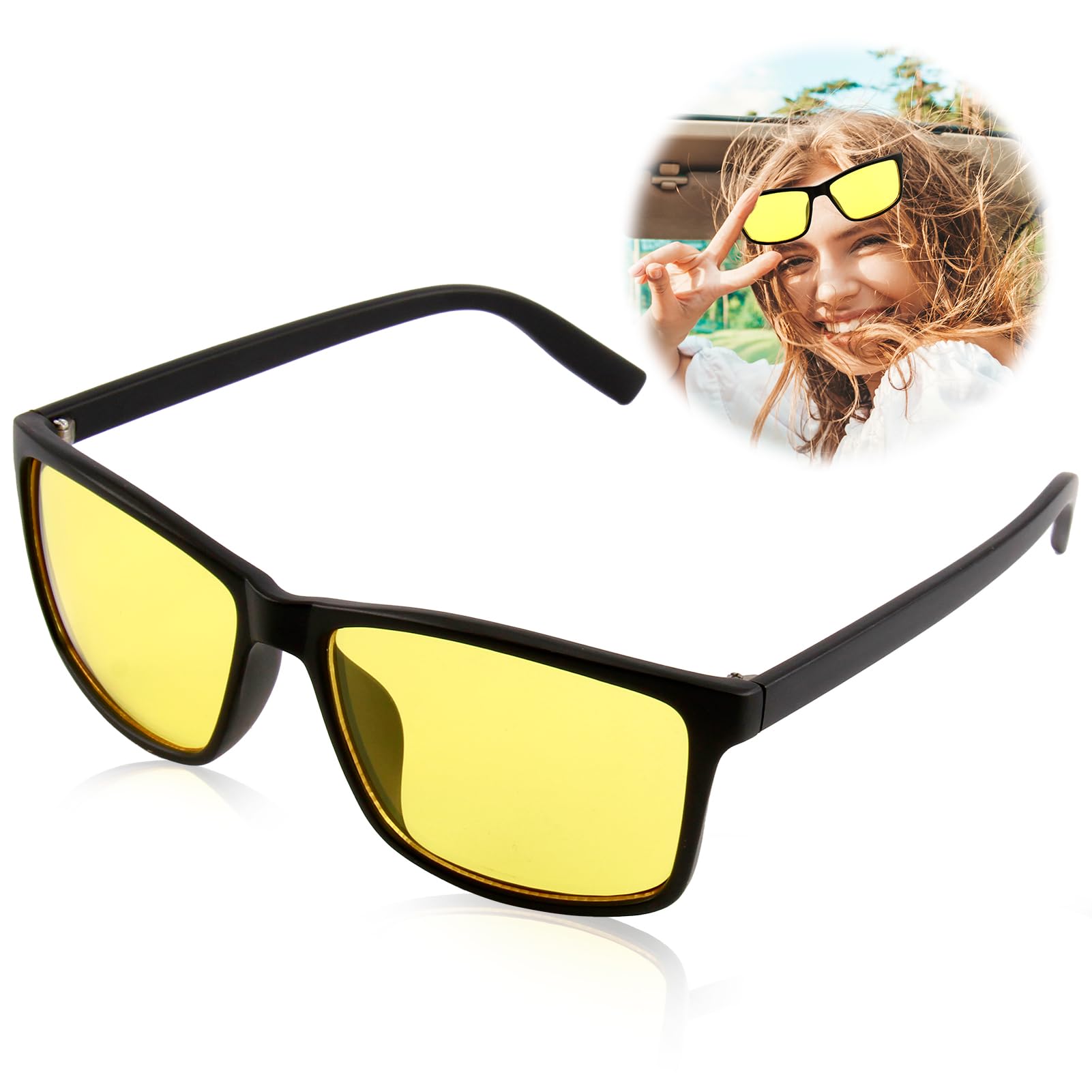 Nachtsichtbrille für Männer Frauen, Klassischer Quadratischer Rahmen, HD Antireflexion, Polarisierte Nachtfahrbrille für Klare Sicht bei Schlechten Lichtverhältnissen und Blendfreies Fahren
