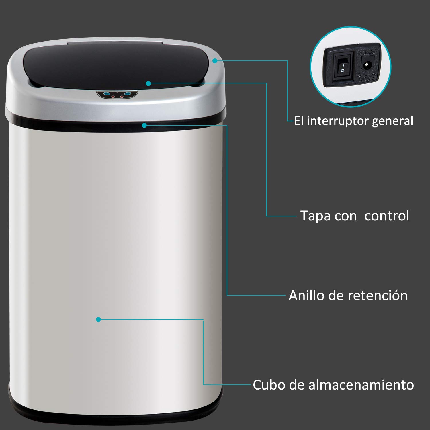 HOMCOM Cubo de Basura Apertura Automática Sensor Papelera Reciclaje para Cocina Dormitorio 48L Acero Inox