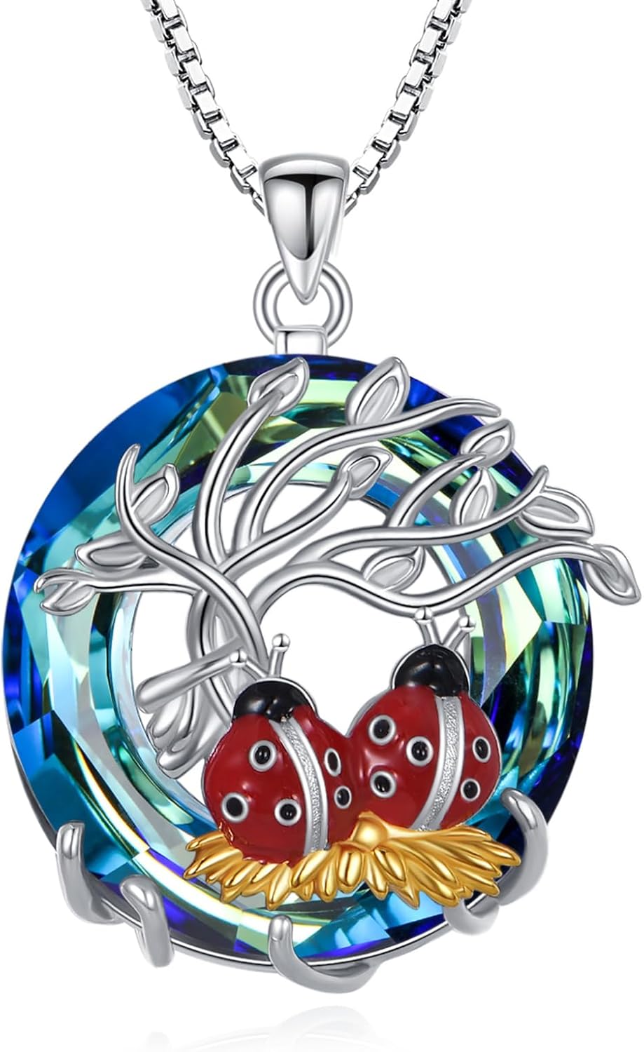 Tree of Life Ladybug Necklace for Women, 925 Sterling Silver Blue Crystal Ladybug Pendant Necklaces Birthday Mothers Day Christmas Jewelry Gifts for Her Mom Wife 18+2 inches