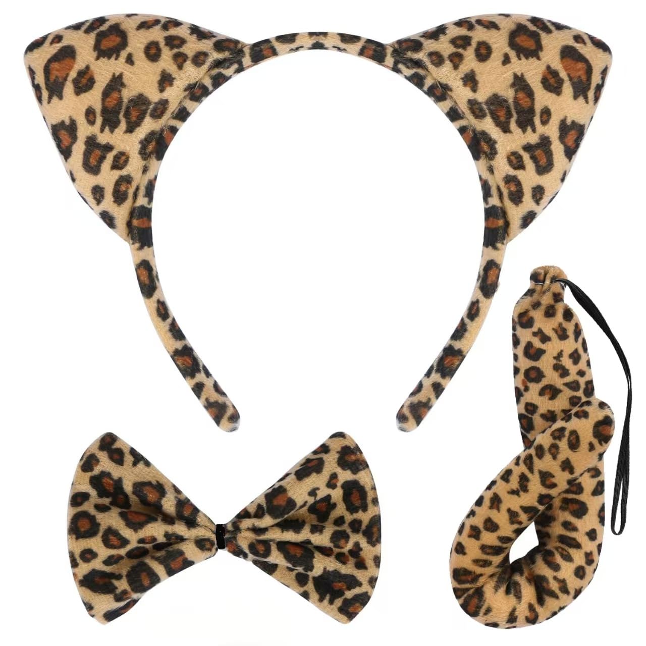MZinge Furry Animal Costume Set - Zebra/Leopard/Giraffe - Headband, Tail & Bow Tie - Halloween & Party (Leopard print)