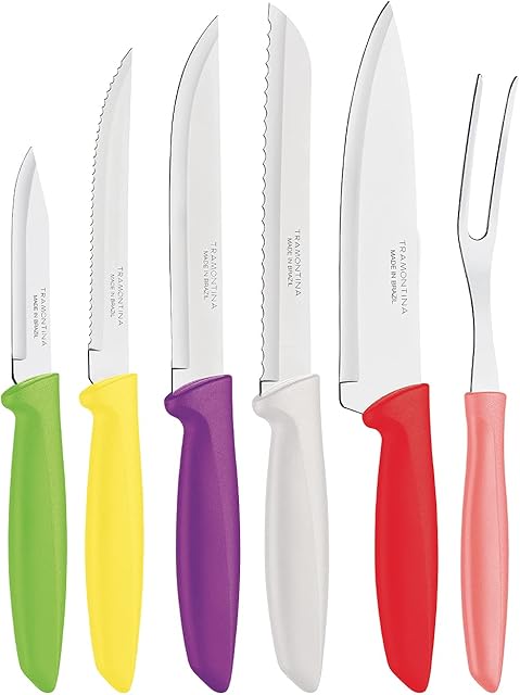 Tramontina Plenus Kitchen Knives Set of 6 with Paring, Bread, Chef and Steak Sharp Knife Plus Carving Fork, Vegetable Chopper, 23498916