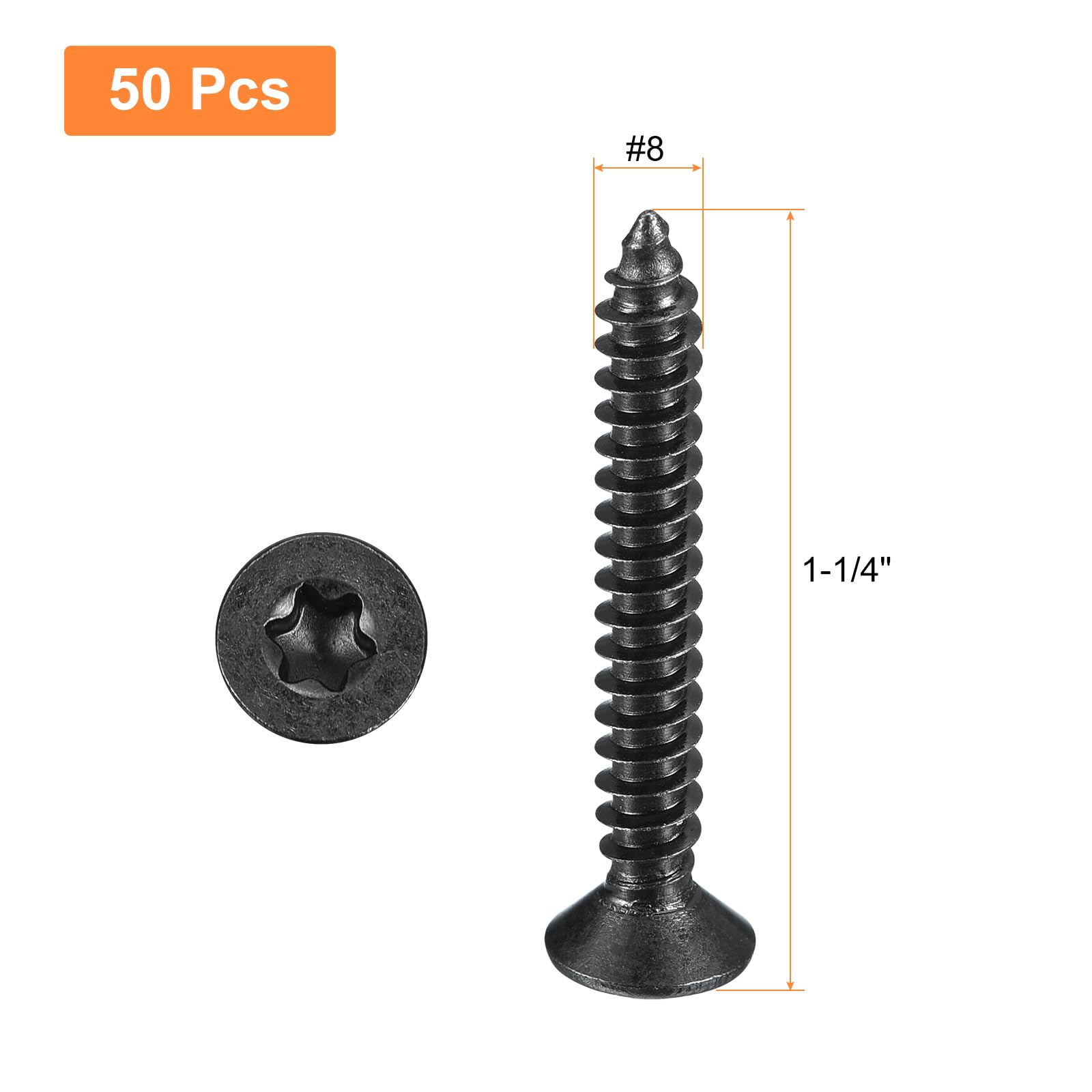 QUARKZMAN #8 x wkręty do drewna torx/gwiazda, 50 sztuk stali nierdzewnej 304, pełny gwint, powlekane na czarno, samogwintujące, pasują do bitów T20 do drewna, miękkiego metalu