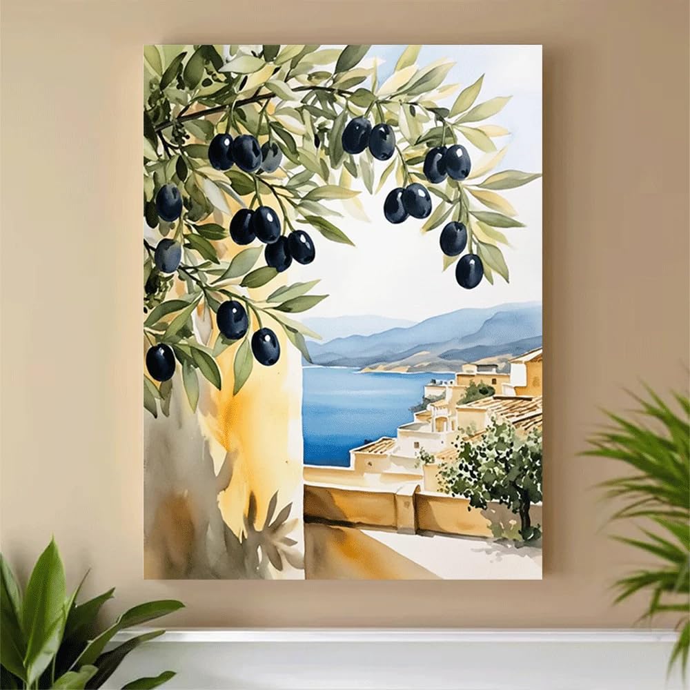 GKUVBF Tableau sur toile représentant une branche d'olivier en été, un village côtier avec vue sur la mer, décoration pour salon ou maison (60 x 80 cm/cadre intérieur)