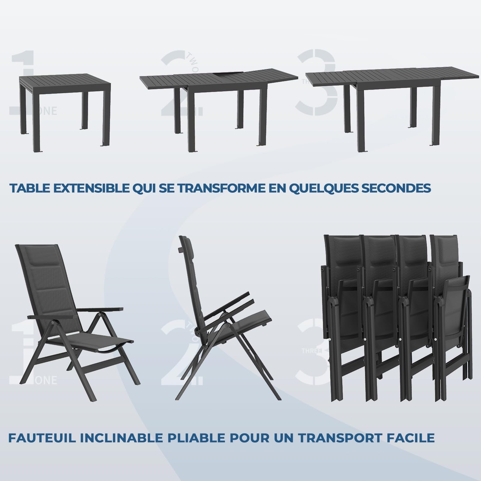 Devoko Salon de Jardin Exterieur 7 Pièces, Composé 1 Table en Aluminium et 6 Chaises Pliantes, Table de Jardin Extensible (80/160 cm), Imperméable Table de Jardin Exterieur avec Chaise, Gris