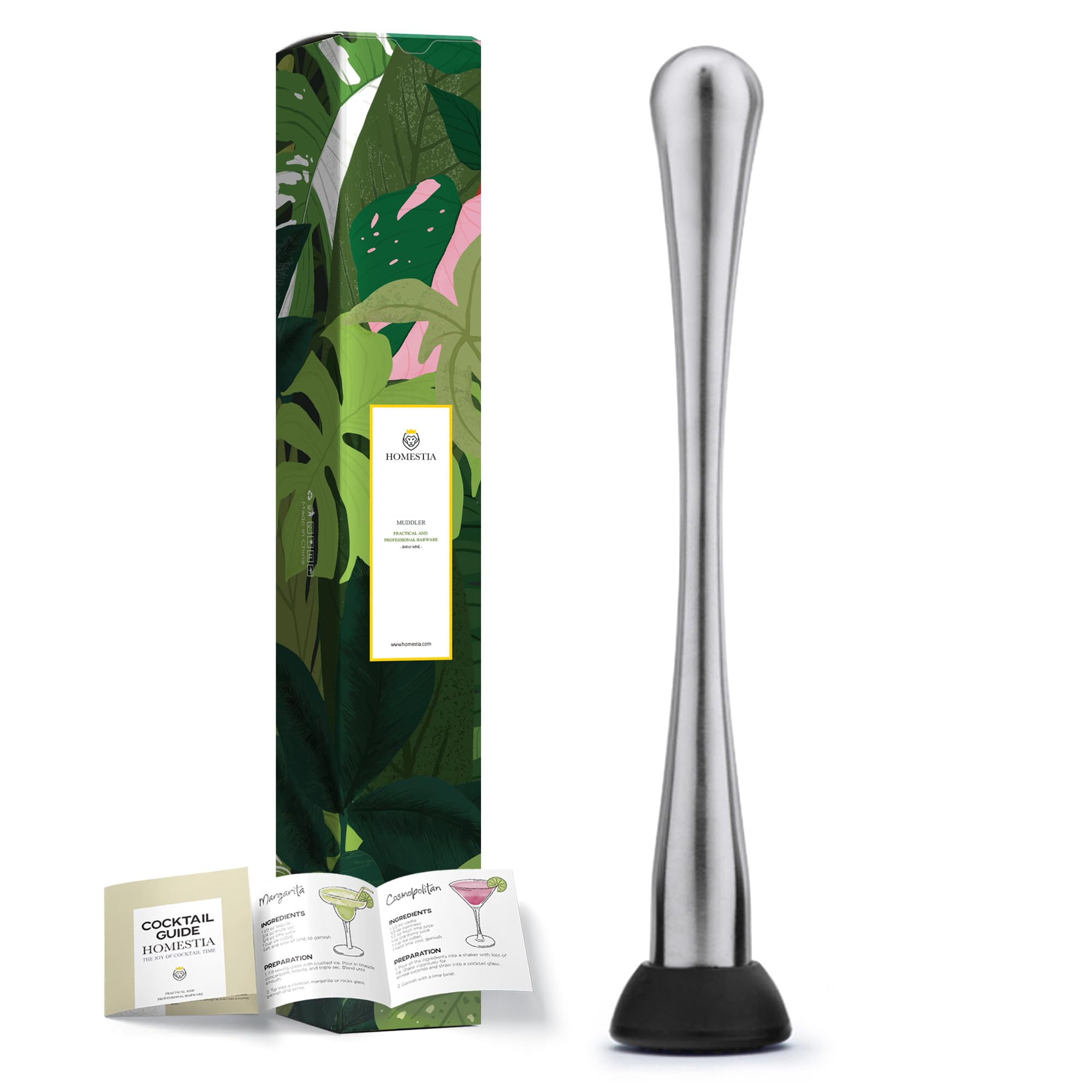 Homestia Muddler for Cocktails, Silver Slim Waist Design, 10'' Stainless Steel Muddler Tool for Bar and Drink, Bar Tool for Mixing Fruit Drinks Cocktails DIY Drink Wine Juice Barware Mixer Tool