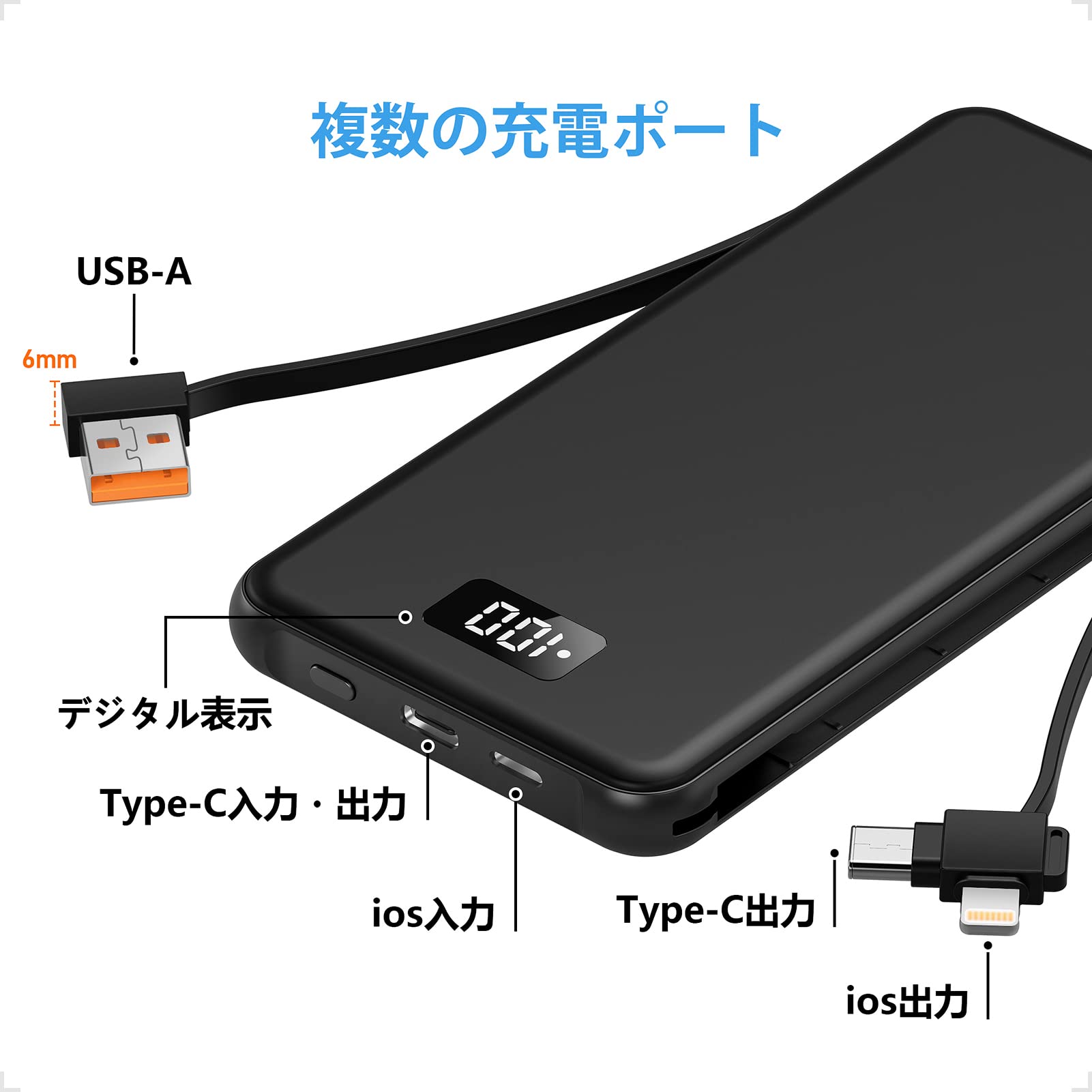 モバイルバッテリー　急速充電　薄型　軽量　携帯充電器　type-c ブラック モバイルバッテリー 大容量 45800mAh 急速充電 軽量 小型 薄型 6
