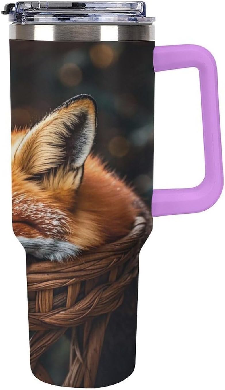 Funny Fox Creature Sleeping Travel Coffee Mug Reusable Durable Stainless Steel Insulated Tumbler with Handle And Straw Leak Resistant Portable Thermal Cup Gifts for Men Women 40 Oz