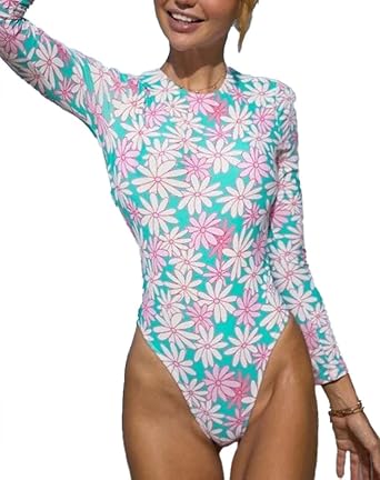 Womens Daisy Print Long Sleeve Rash Guard Back Cutout Swimsuit Surfing One Piece Swimwear Floral Crewneck Bathing Suit