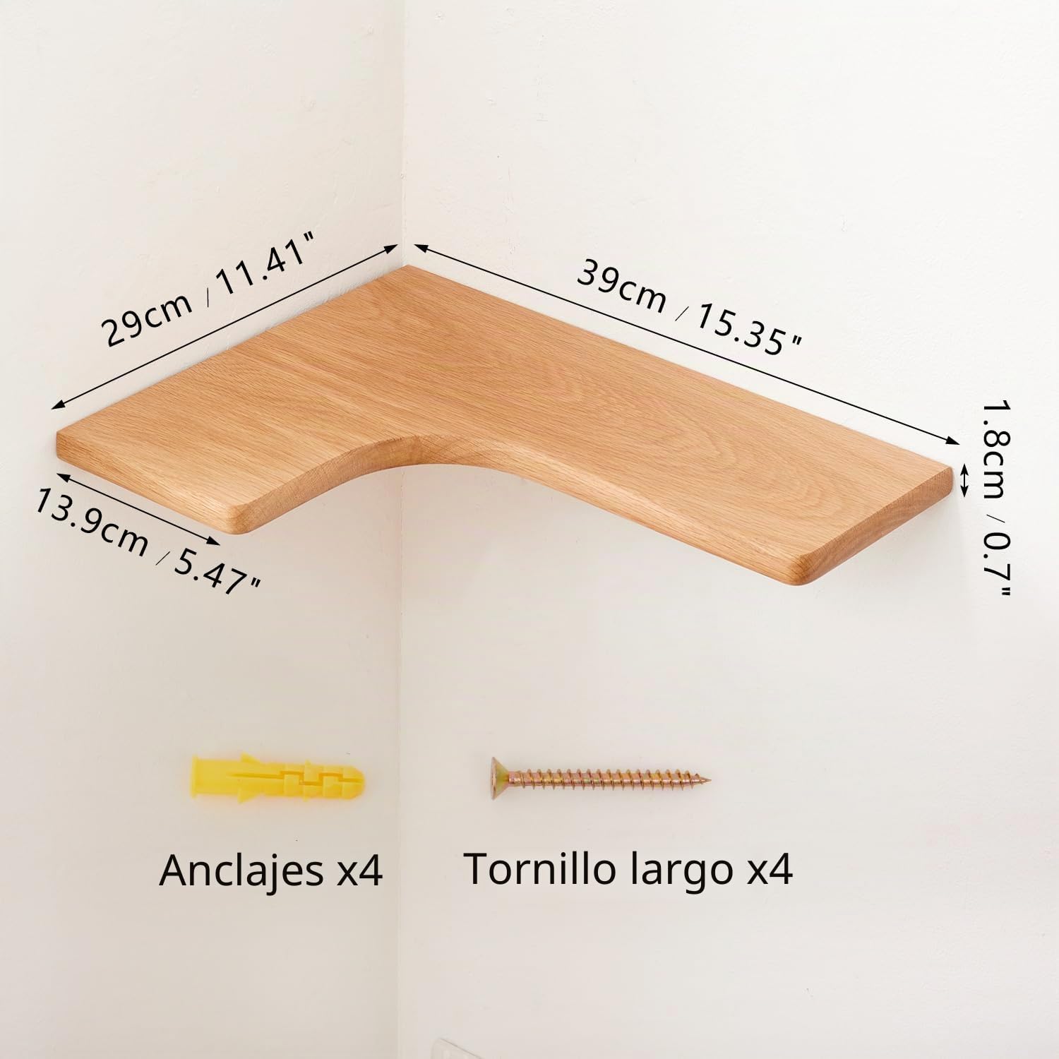 Estante esquinero flotante de roble macizo montado en la pared para sala de estar, dormitorio, baño y cocina