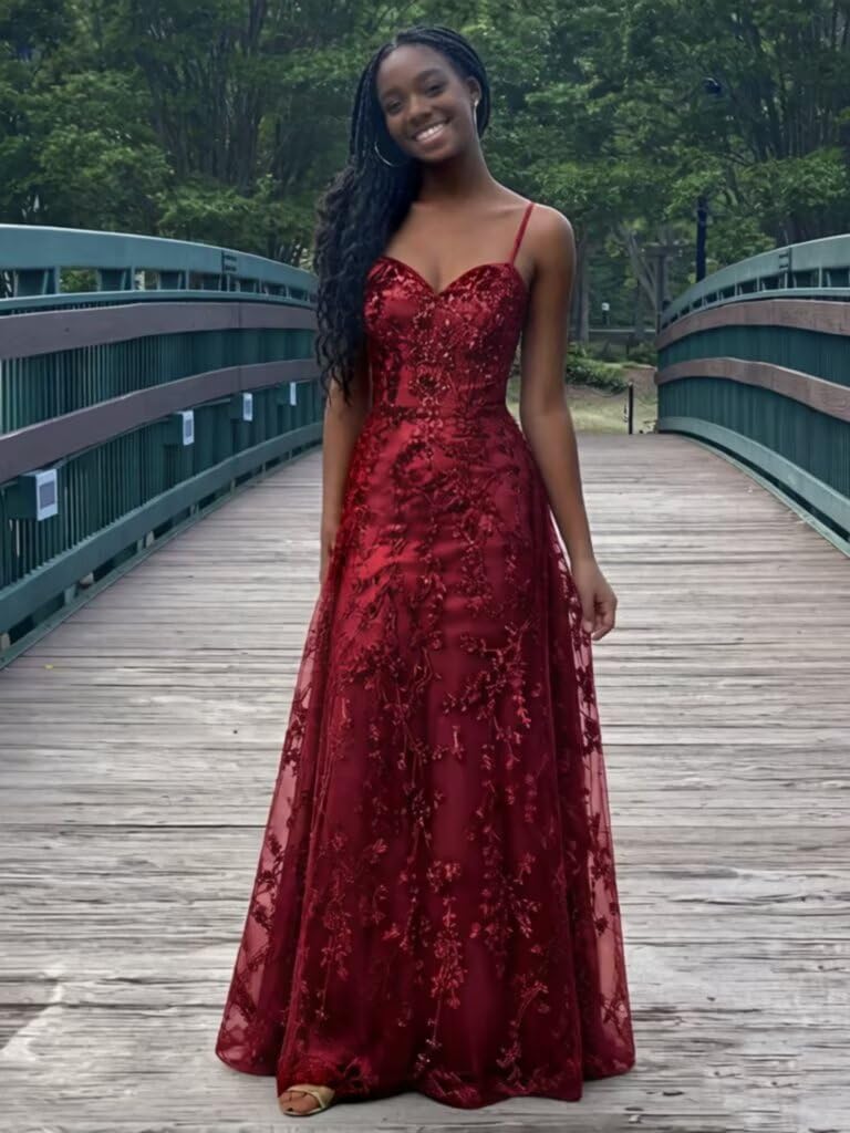 Spaghetti Strap Sparkly Prom Dress for Women Long Tulle Formal Dress Laces Evening Party Gown