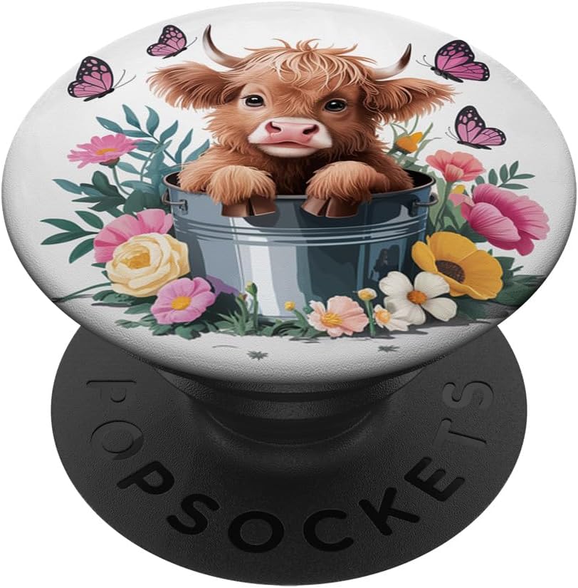 Adorable Baby Highland Cow with Flowers & Butterflies PopSockets PopGrip for MagSafe