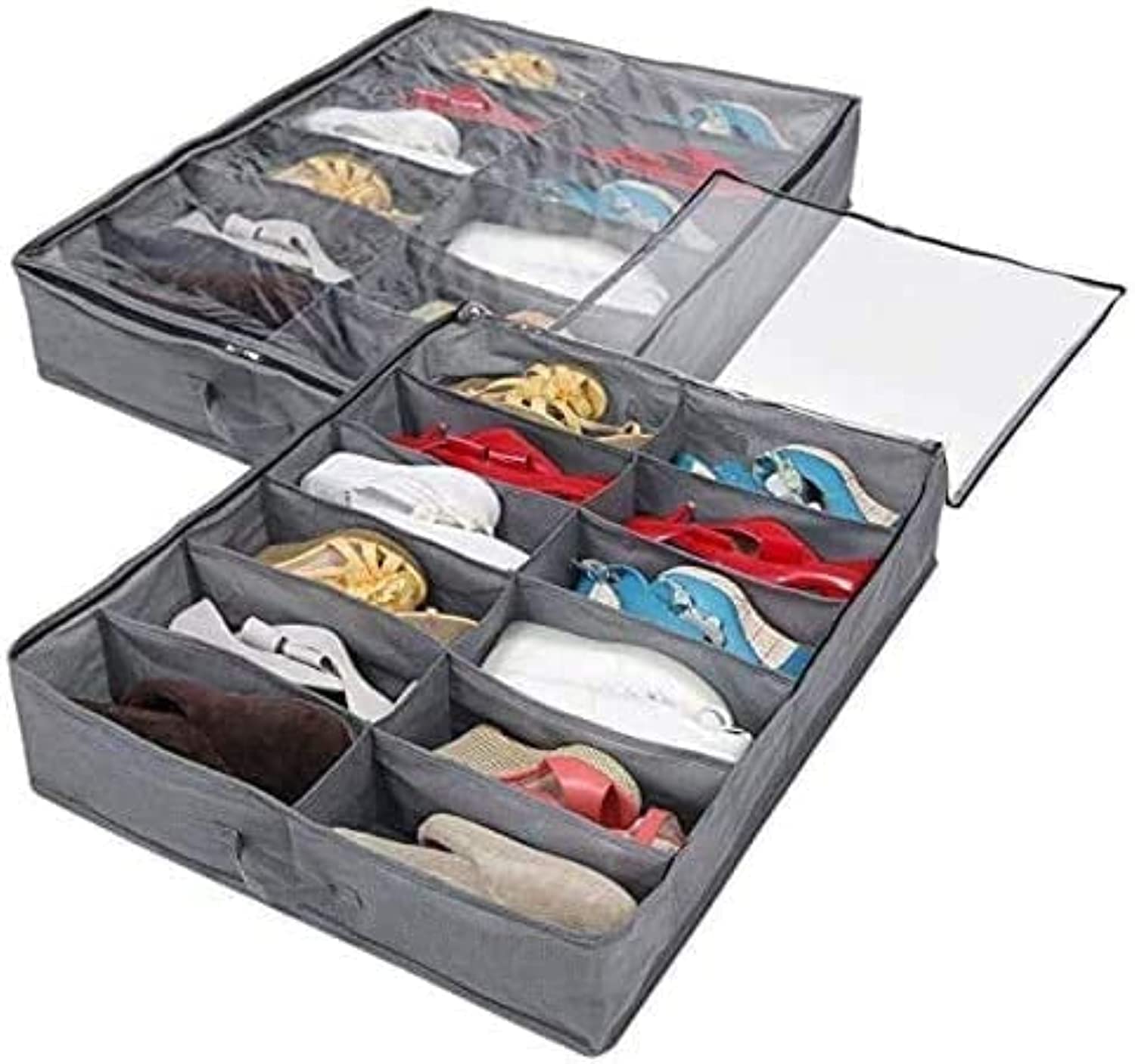 SYOSI Organizers And Storage Under Bed Shoes Tidy Organiser Large Heavy Duty Underbed Shoe Storage Bag with Clear Lid Foldable Fabric Holder Closet 12 Pockets x 2