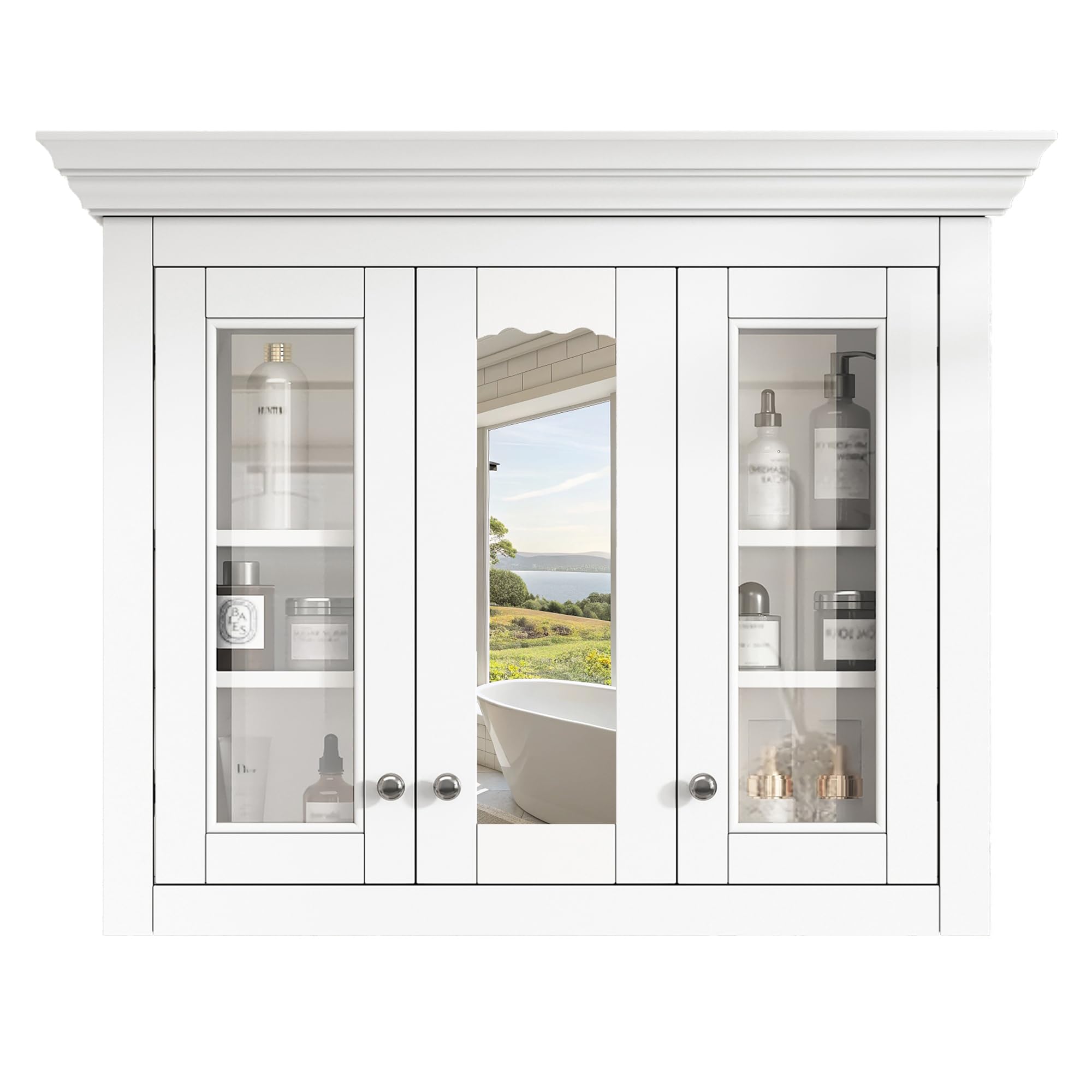 Merax 35" Bathroom Wall Cabinet with Mirror, Wall Mounted Bathroom Medicine Cabinet with Glass Doors and Adjustable Shelves, Powder Room Mirrored Door