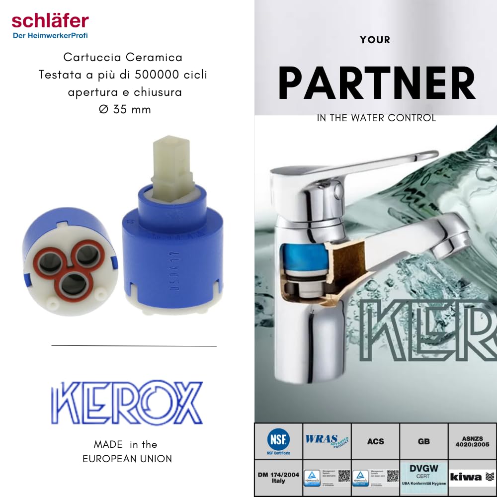 Schläfer 48004 | Cartucho de grifo mezclador de 35 mm de repuesto de cerámica para mezclador monomando K35-A Kerox baja con 2 patas, ducha, lavabo, bidé, bañera, cocina, baño de 3 piezas.