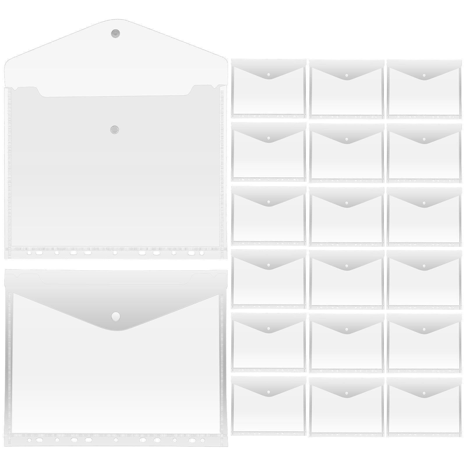 Healeved Lot de 20 Pochettes Classeurs A4 Transparentes en Plastique Pp Fermeture Pression et 11 Trous, Compatibles Classeurs 2/3/4 Anneaux, pour École et Bureau