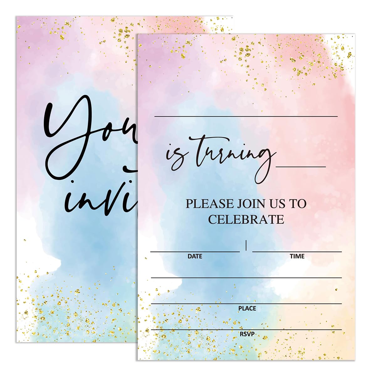 UDNADKEX Watercolor Birthday Invitations with Envelopes, Invites for Girls Birthday Party Watercolor, Colorful Birthday Party Invite Cards, 4"x6" Set