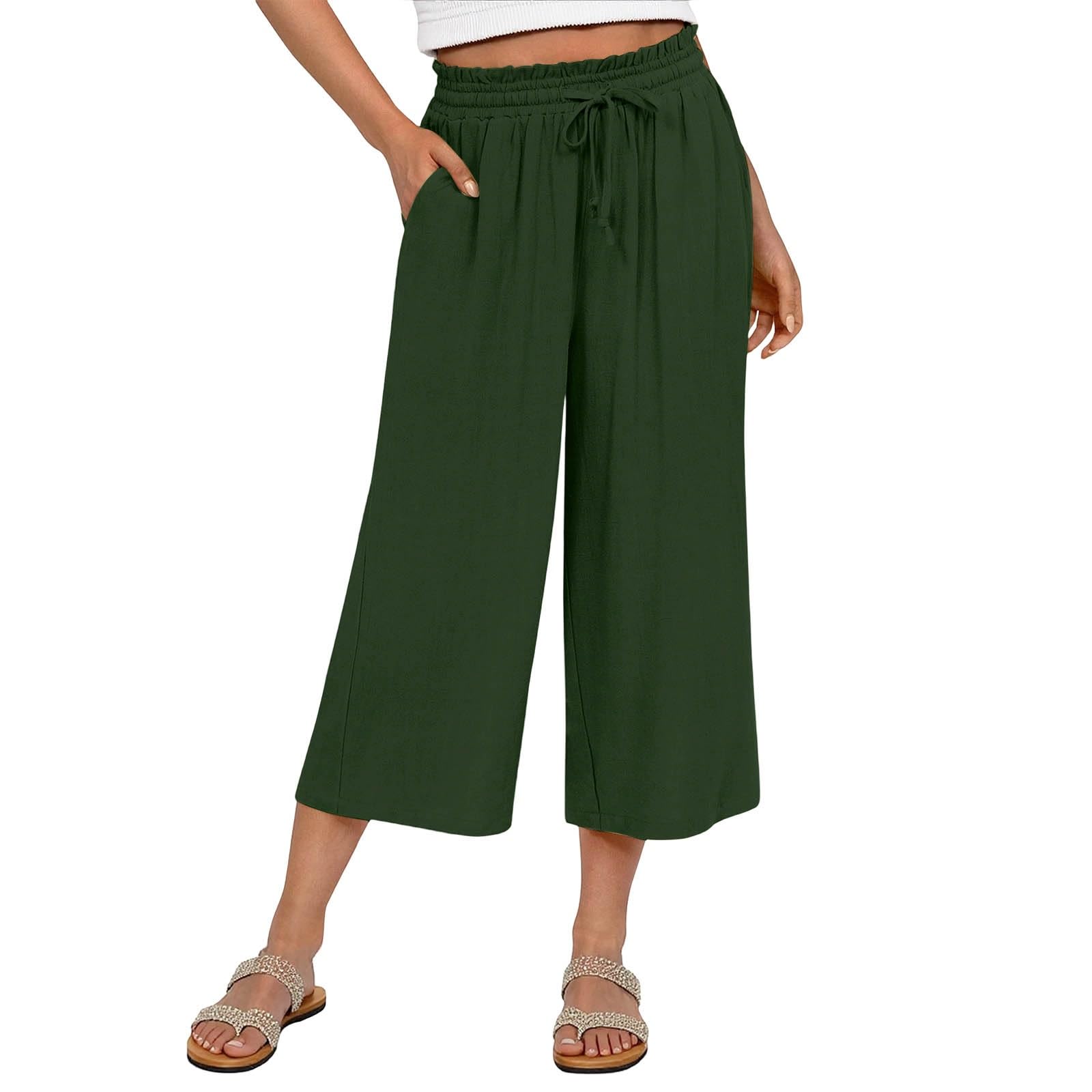 Capri Pants for Women Linen Wide Leg High Wasited Pull On Capris Drawstring Palazzo Crop Trousers with Pockets