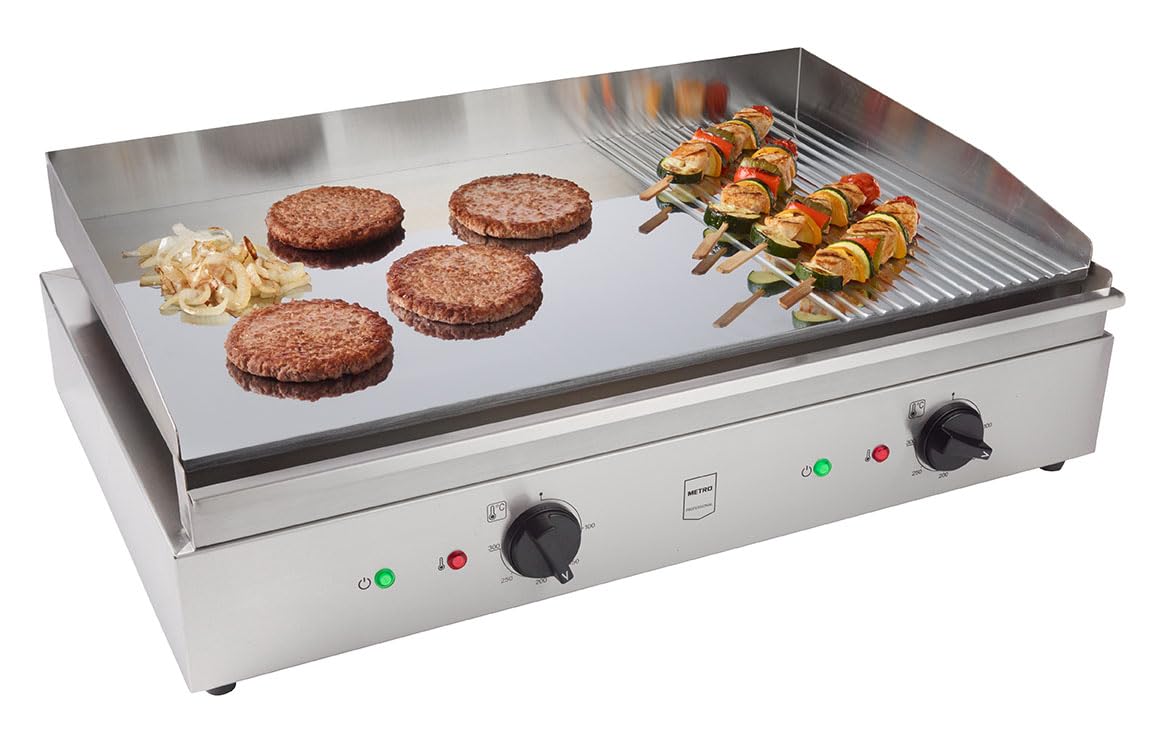 METRO Professional Piastra Elettrica GEG2112, Acciaio Inox, 3500 W, Superficie di Cottura 68.8x41cm, Temp.: 50-300°C, Griglia con Vaschetta Raccolta Grassi, Argento