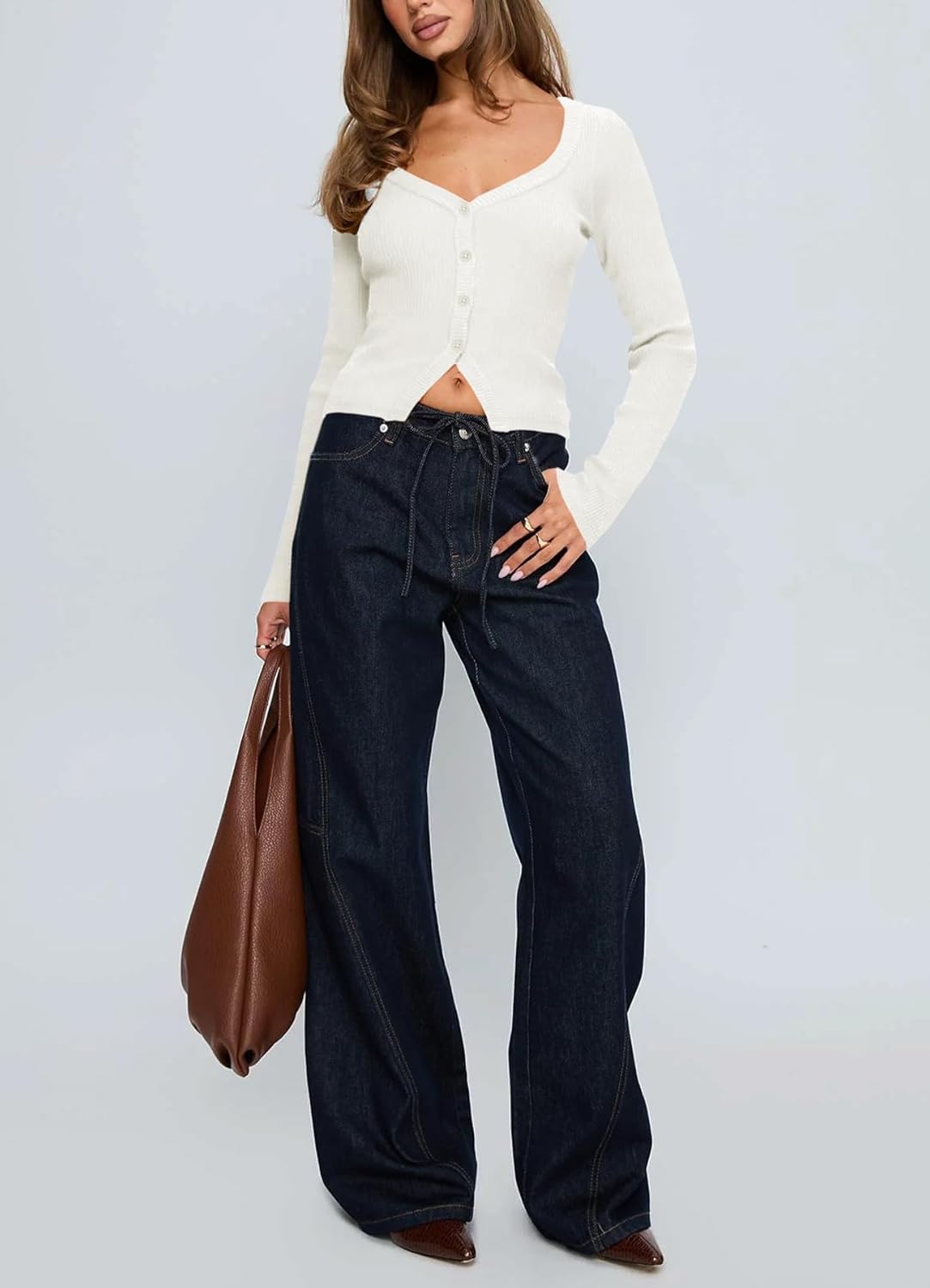 Women Button Up Fitted Cardigan Long Sleeve V Neck Cami Shirt Y2k Ribbed Crop Tops - Image 5