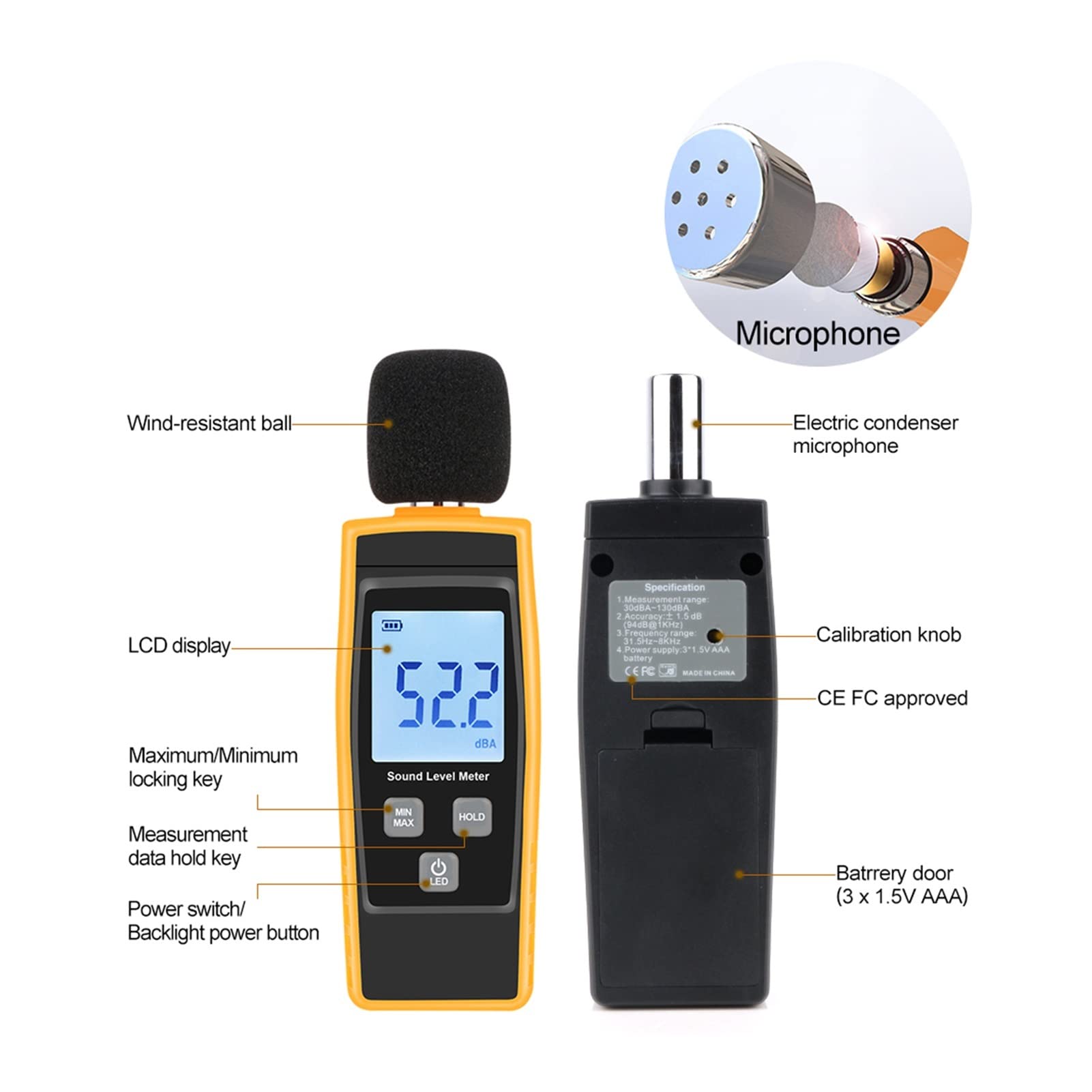 Sonómetro. Medidor de ruido portátil de 30-130 dB, alarma, medidor de ruido digital, monitor de decibelios, prueba for monitoreo de contaminación acústica