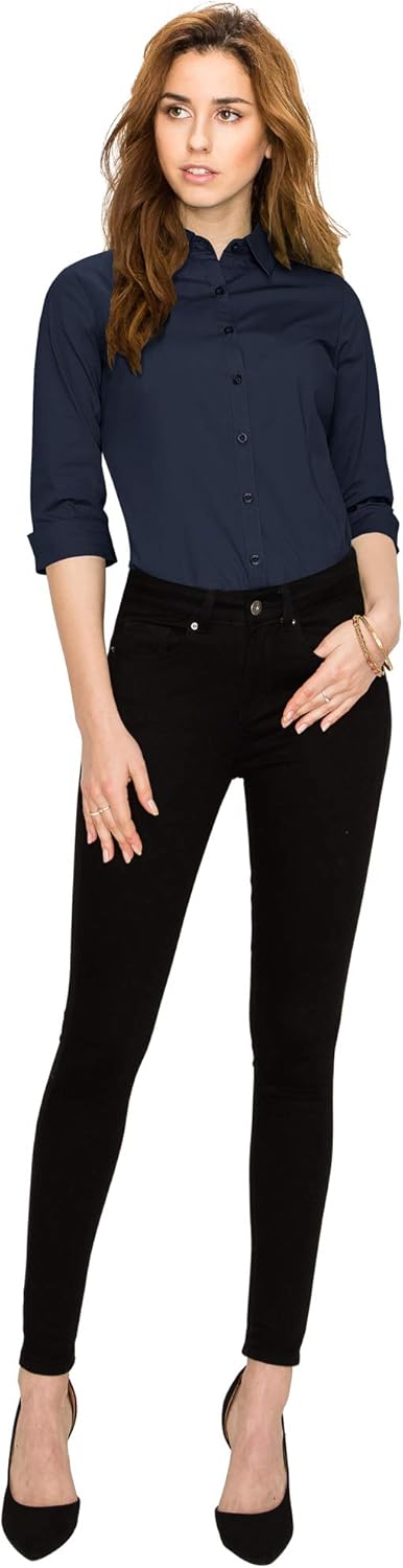 Made By Johnny MBJ Women's Solide 3/4 Sleeve Stretchy Button Down Collared Office Formal Casua Blouse (S~3XL) - Image 5