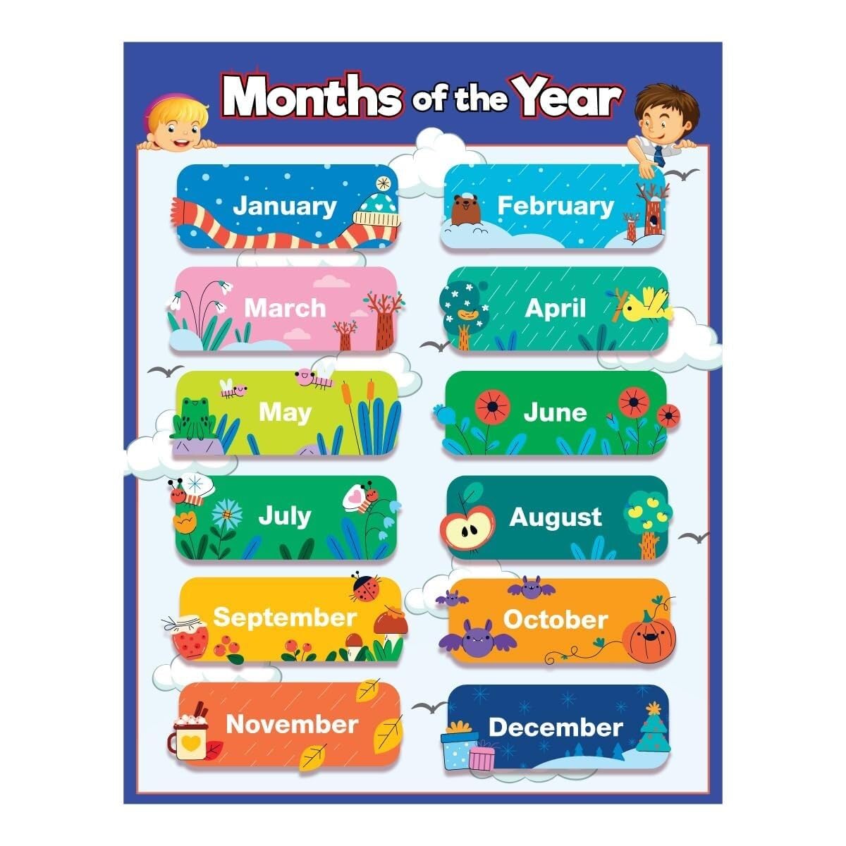 XGINERFEX Preschool Kindergarten Learning Poster Months of the Year Chart for Toddlers Classroom Homeschool Teaching Aid Decor