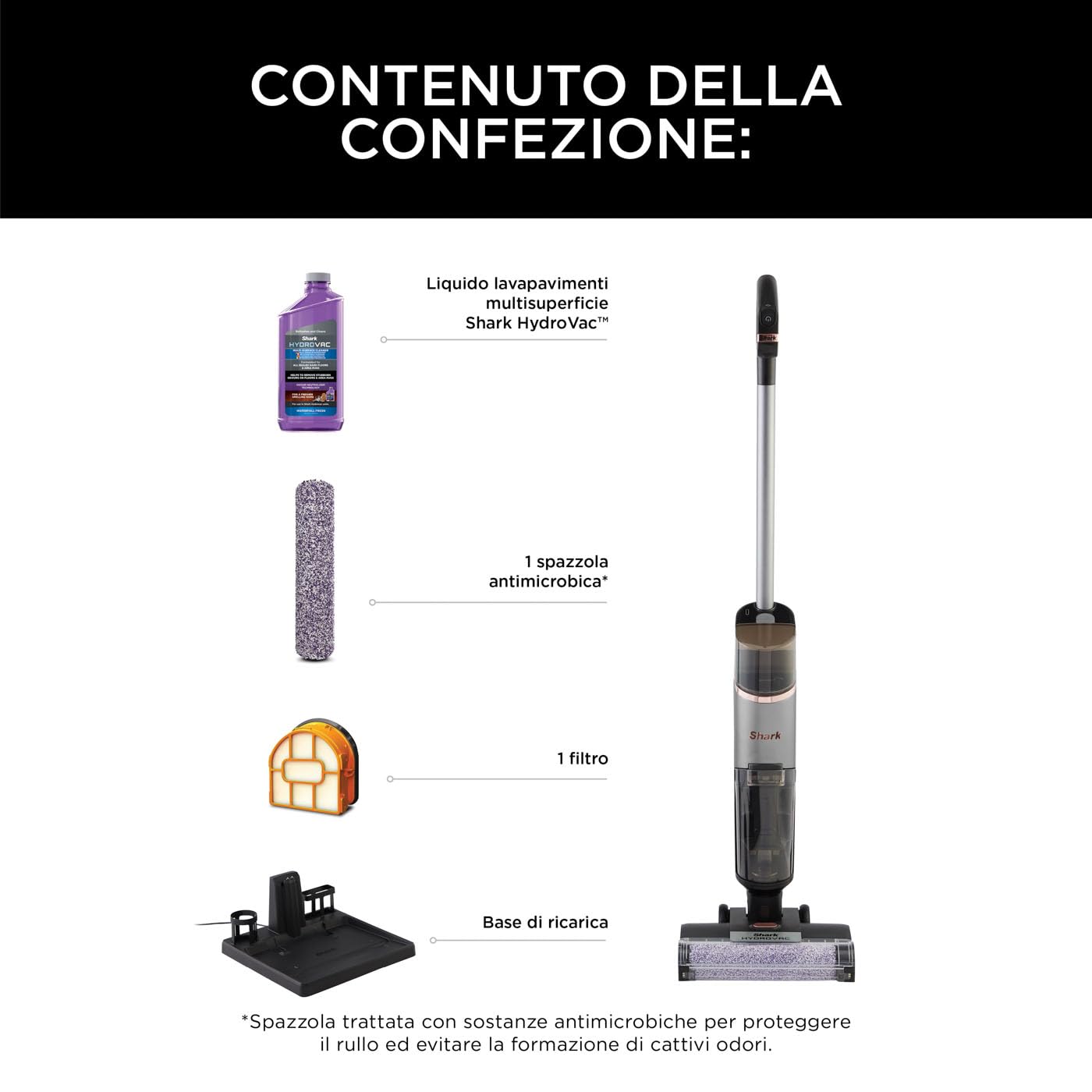 Shark HydroVac, Aspirapolvere e lavapavimenti senza filo con spazzola antimicrobica e liquido multisuperficie neutralizzatore di odori, autopulente, wet & dry, grigio WD210EUCP