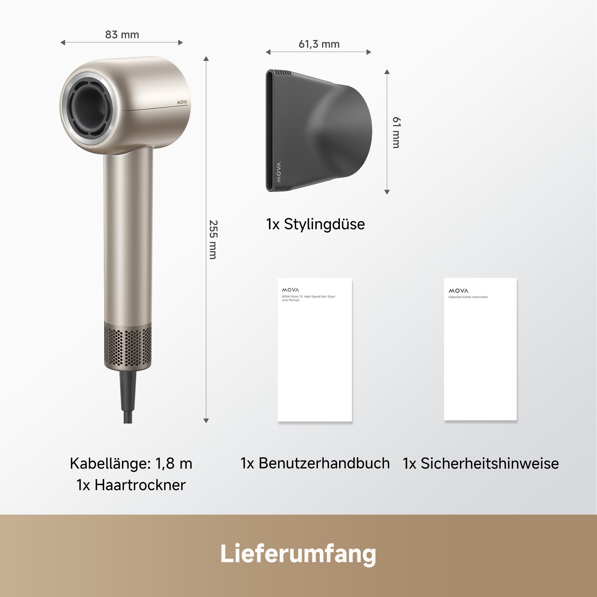 MOVA Shine 10 Haartrockner, schnelle Trock. m. Moisture Caring Tech, bürstenl. Motor m. 110.000 U/min, leise, Plasma-Ionen-Pflege, Konzentrator, NTC 1.000 t/s Wärmeregul., für zu Hause, Salon, Reisen
