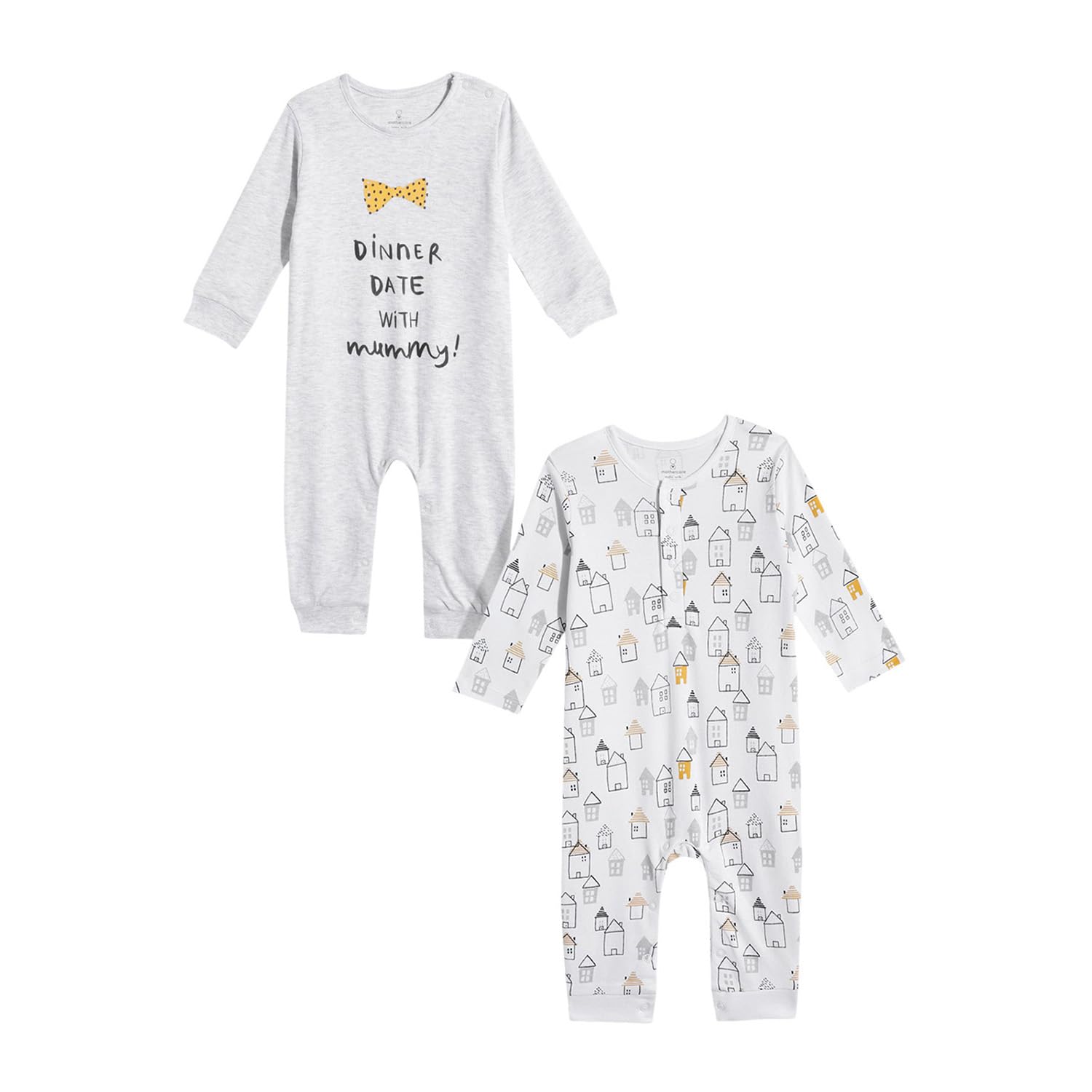 Mothercare Unisex Baby Full Sleeve All-In-One Romper | Happy Homes Printed Infant Sleepsuit Jumpsuit | Soft Cotton Bodysuit for Boys & Girls | Pack of 2, White/Grey