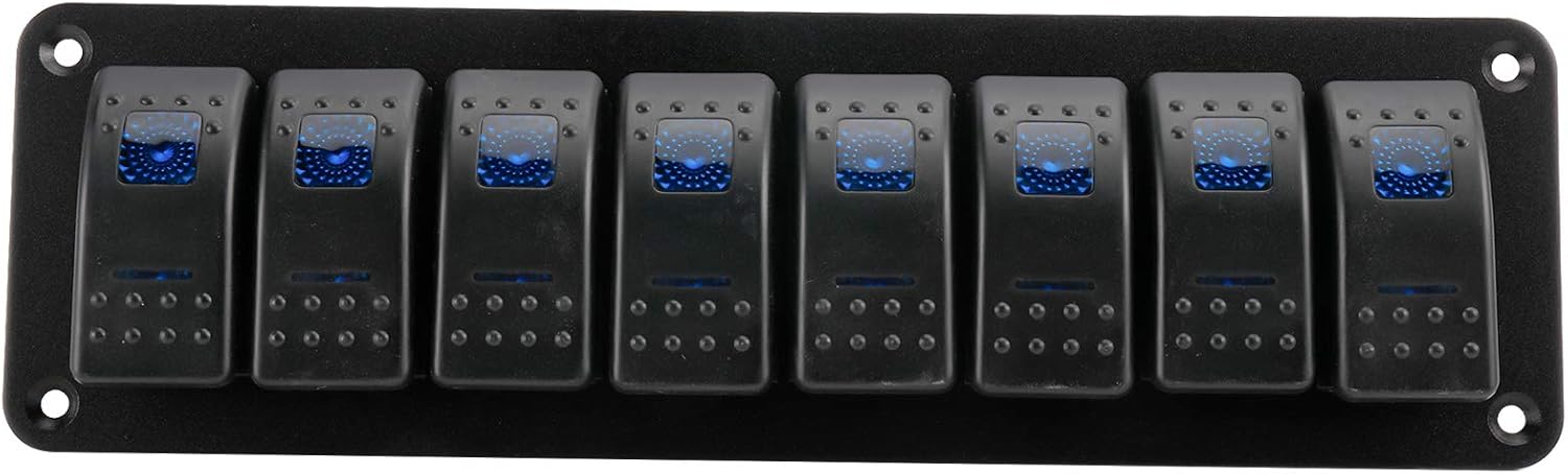 Amarine Made 12-24V Boat Switch Panel Illuminated Rocker Switch Aluminum Pre-wired Panel 2, 3, 4, 5, 6, 8 Gang Toggle Switches Dash 5 Pin ON/Off 2 LED Backlit for Bus Boat Car Marine Blue LED IP65 (8 Gang) : Sports & Outdoors