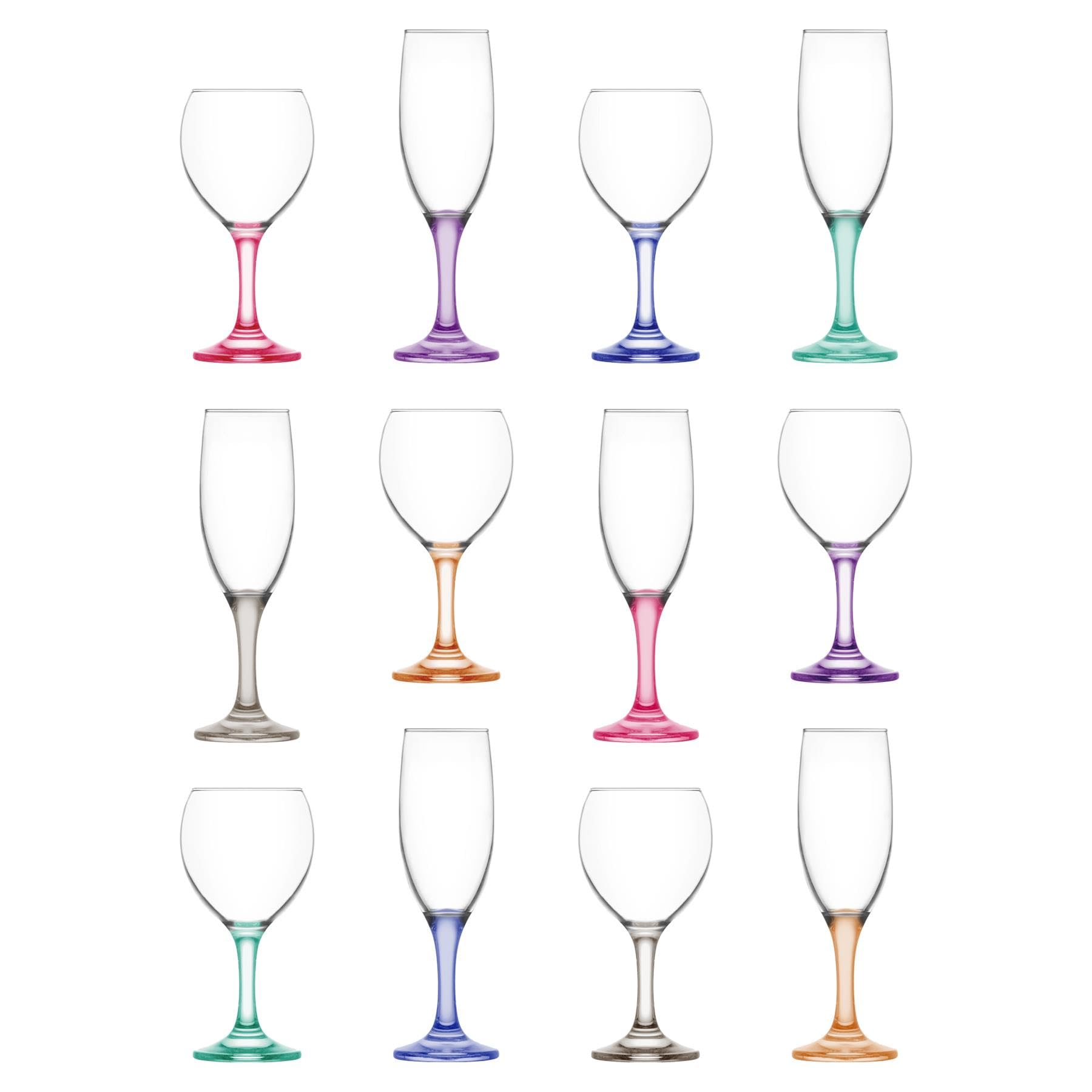 Lav Colourful Misket Stemware Set - Coloured Stem - 12Pc Wine Glasses Champagne Flutes Glass Wedding Christmas Birthday Party Drinking Glassware Goblet Gift Set