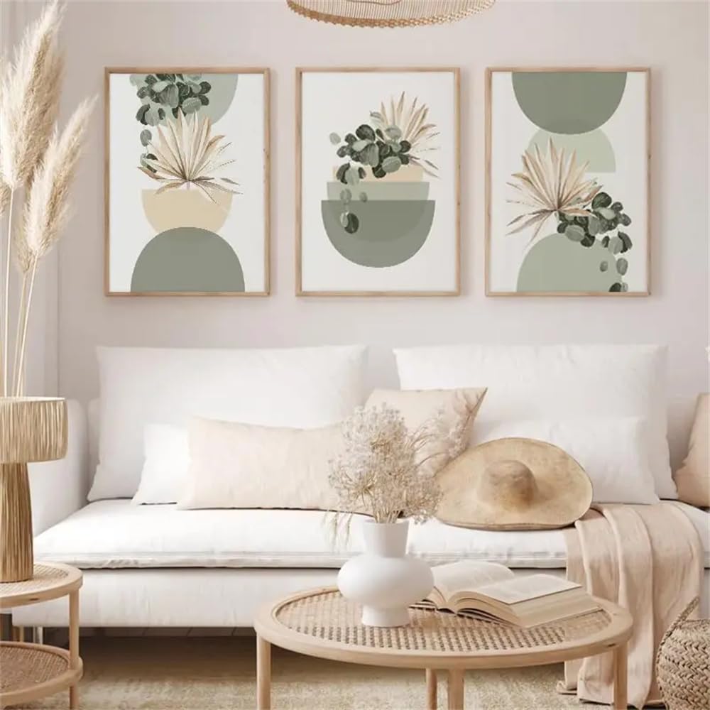 Boho Mid Century Toile Tableau Peinture Vert Beige Géométrique Feuilles Affiches Et Gravures Abstrait Murale Art Tableaux Salon Decoration À La Maison 50x70cmx3 Sans Cadre