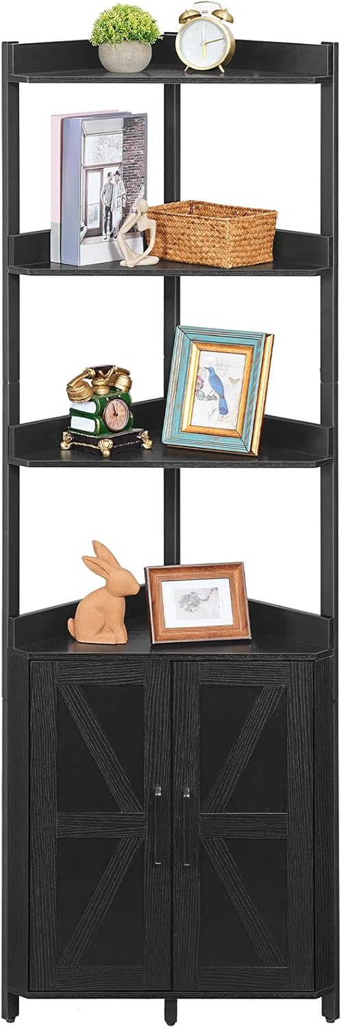 HOOBRO 5-Tier Black Corner Shelf Cabinet with Storage Doors & Protective Fence - Tall Bookshelf for Living Room, Office