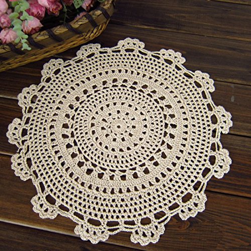 Fennco Styles Handmade Medallion Crochet Lace Round Cotton Placemat Doilies - 4 Pack (12-inch, Beige)
