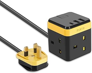 PARTH Cube Extension Lead with 3 USB Slots (5V/3A), 2M Long Cable Plug Extension with Switch,3250W/13A Sockets Extension, 3 Way Power Strip with 2 Metre Cord for Home,Office, Travel, Dorm