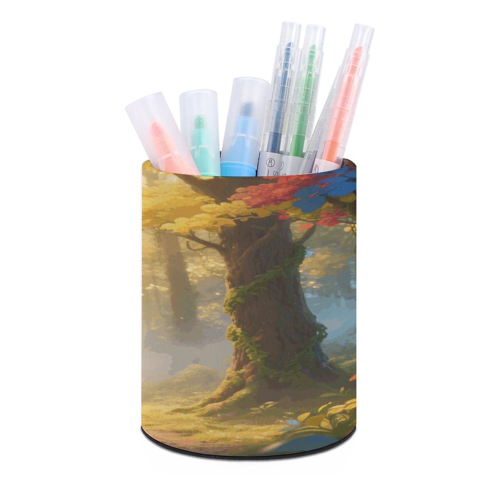 VstaDank Llamazing Forest Pen Holder Round Pencil Holder PU Leather Desk Organizer Brush Decoration Holder Office Desk Home (3.1 x 3.9