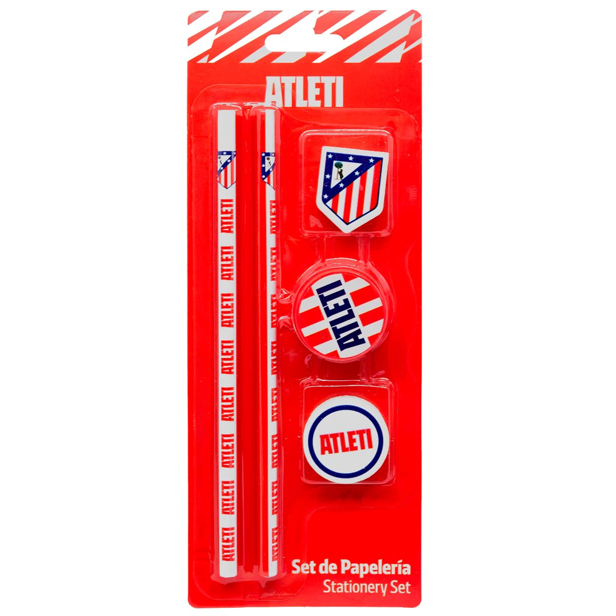 Set de Papelería Atlético de Madrid Oficial | Incluye 2 Lápices, 2 Gomas y 1 Sacapuntas | Producto Licenciado Escolar y de Oficina | Accesorio de Escritura para Niños, Estudiantes y Aficionados Colcho