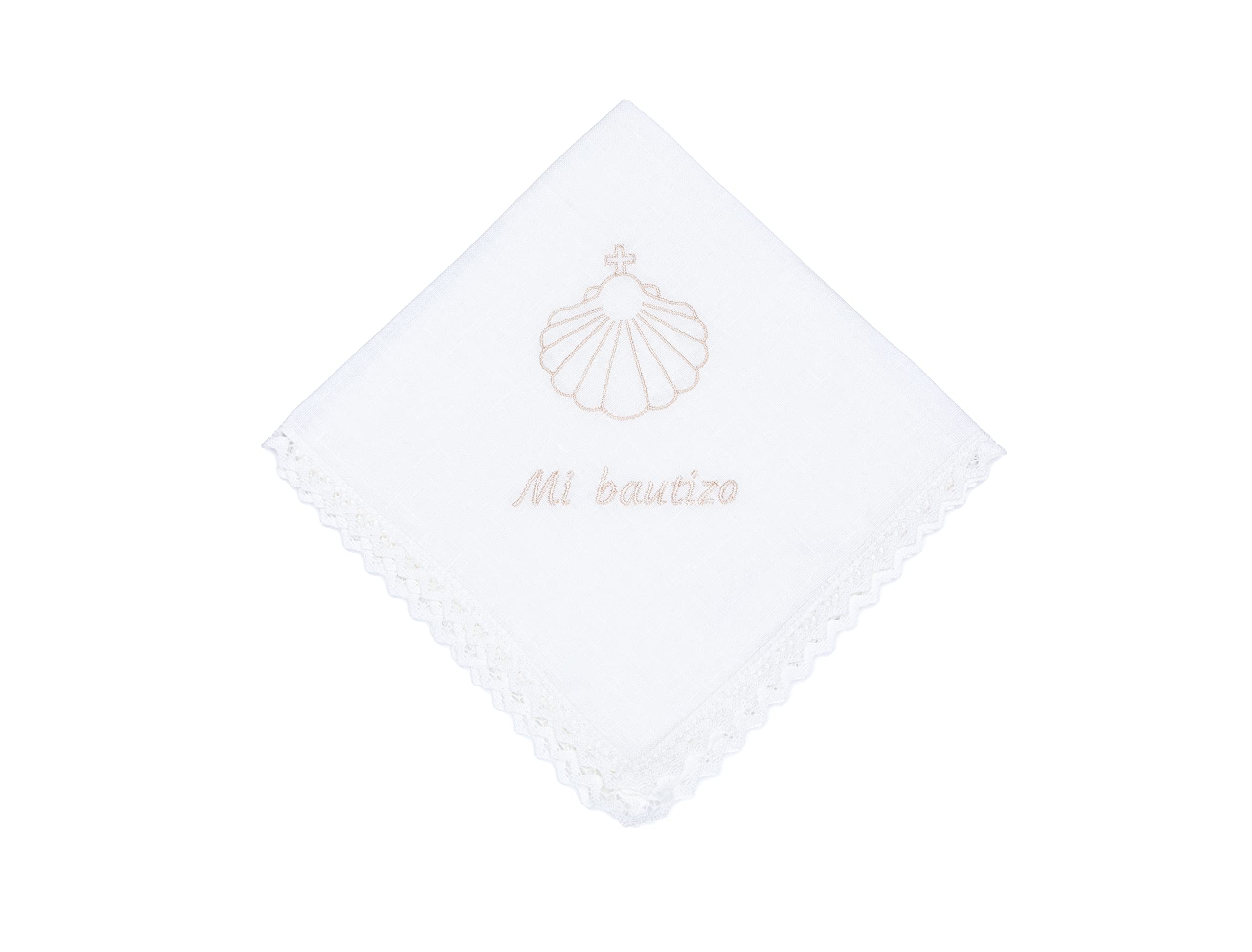 Foulard de baptême en lin brodé dans un coin. Carré 36 x 36 cm. Différentes couleurs. Serviette de baptême, cadeau (coquille beige)