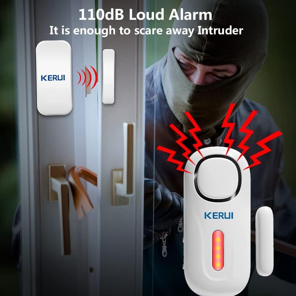 Image depicting an intruder attempting to break in, with the KERUI alarm sounding at 110dB.