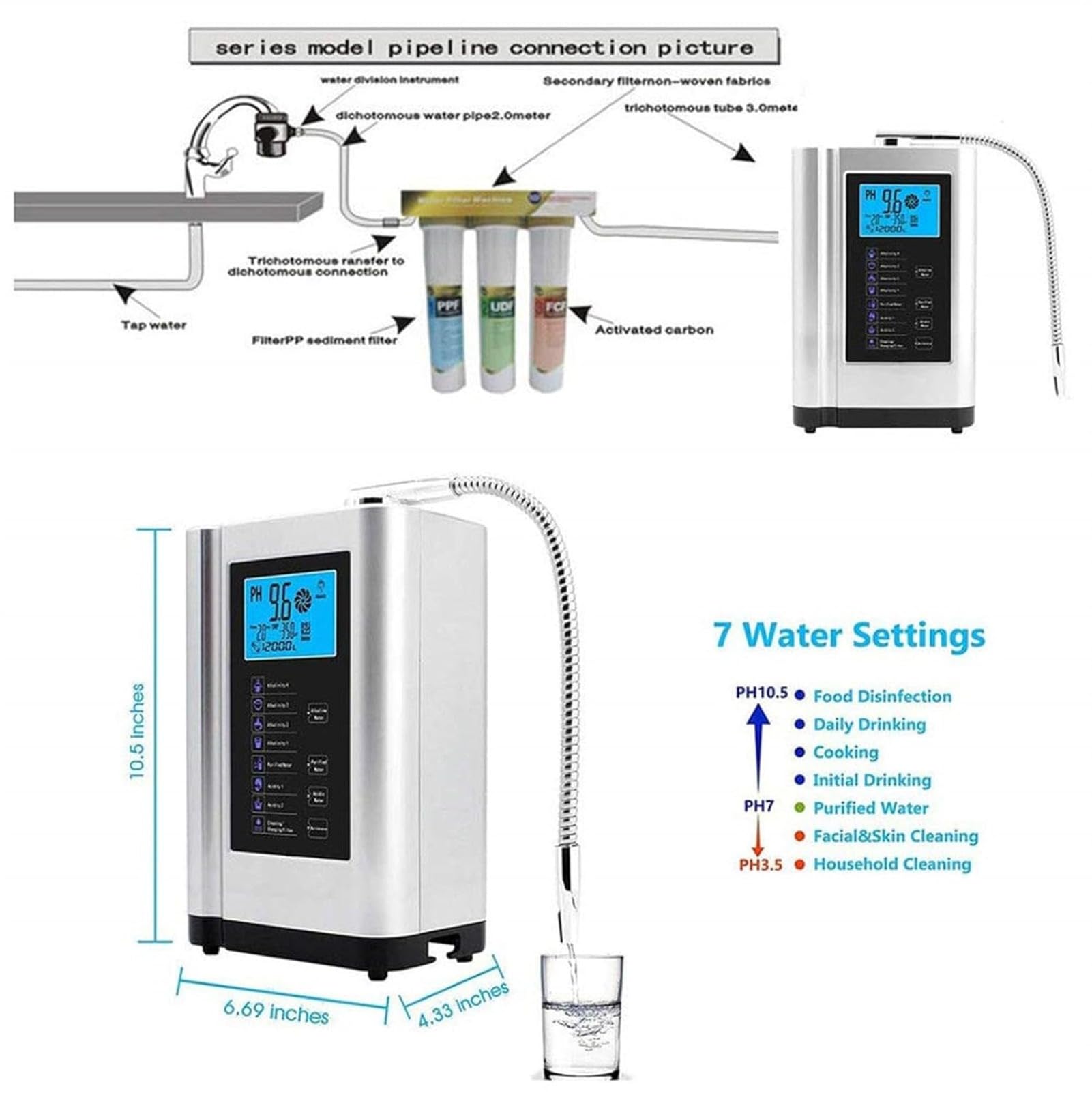 Máquina ionizadora de Agua alcalina, 7 configuraciones de Agua, Sistema de filtración de Agua para el hogar pH3.5-10.5, hasta -500mV ORP, 8000L por Filtro (Sliver)