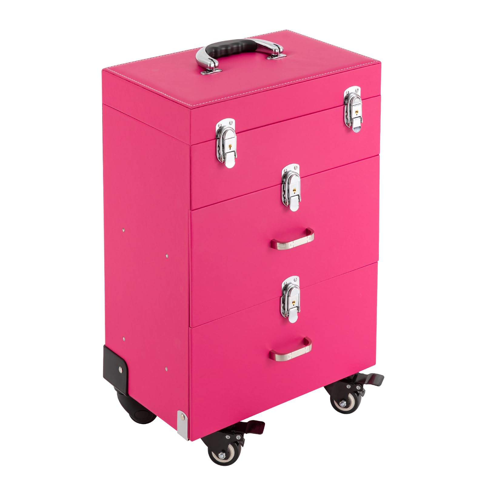 DUYIWAAMakeup Train Case, Cosmetic Trolley Professional Makeup Storage Organizer With Universal Wheel & Retractable Handle & 3 Trays Case For Make-Up Artists, Hairdressers, Beauticians (Pink)