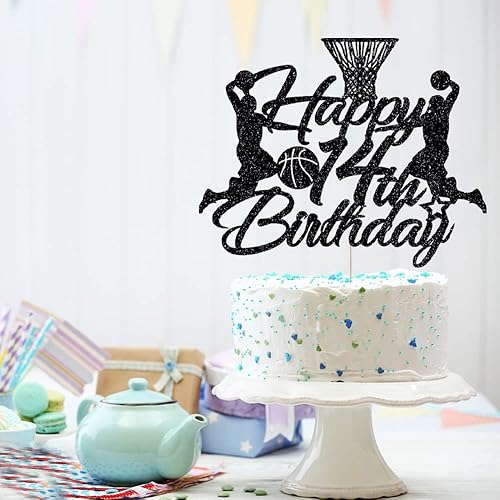 Miniatura 5 de Decoración de pastel de baloncesto con destello negro 14 cumpleaños 14 diez años jugador de baloncesto escena decoración de pasteles tema deportes