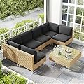 LHBcraft 7 Piece Wicker Patio Sectional Furniture Set, Modular Rattan Outdoor Furniture, Patio Conversation Sets Outdoor Sectionals Sofa, Water Resistant Fluffy Cushions and Coffee Table, Black