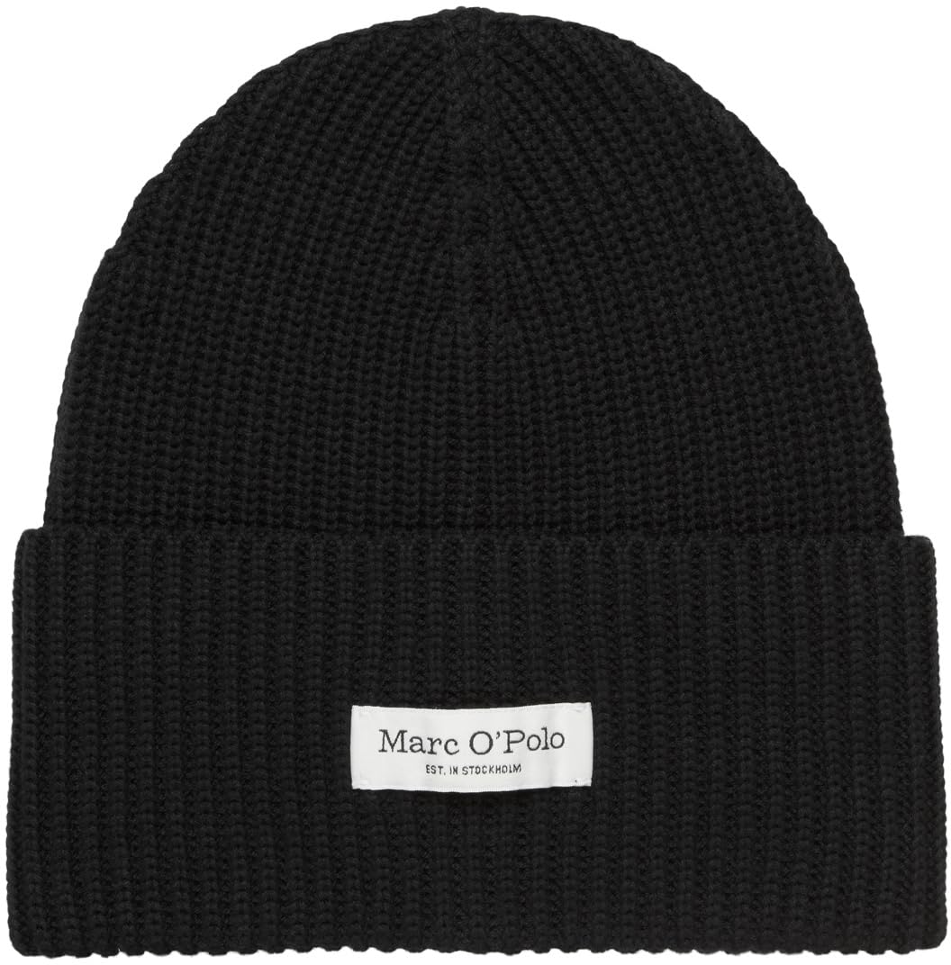 Marc O'Polo Beanie Beanie mit breitem Umschlag, Markenlabel, Rippstrick