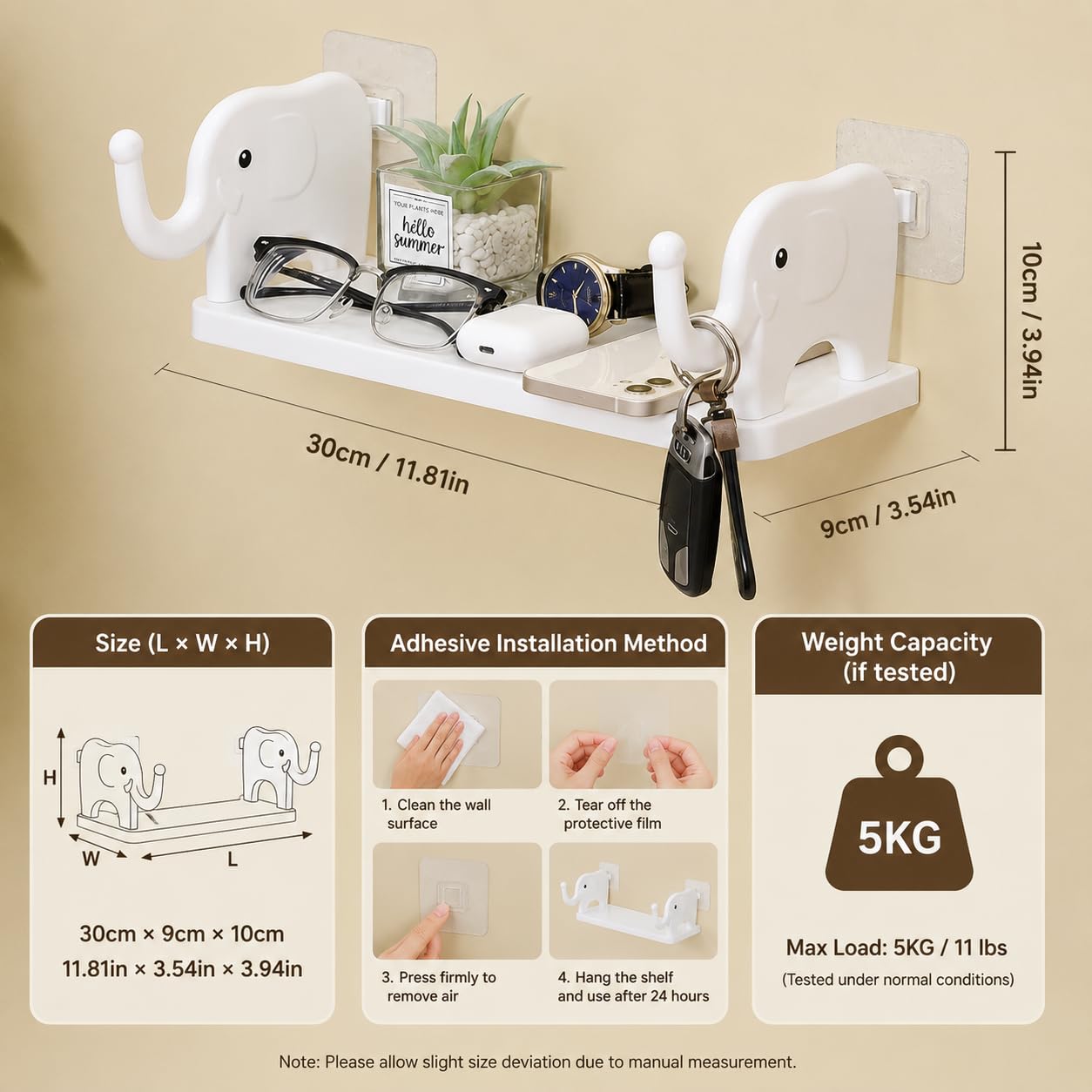 K.B. SALES Self Adhesive Elephant Shape Wall Shelf for Bathroom, Kitchen & Bedroom | Floating Wall Organizer for Shampoo, Soap, Toothbrush, Remote & Accessories | Plastic | White