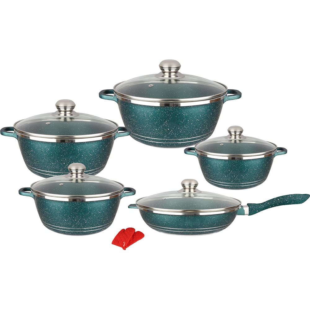 Pentola Cucina, Set pentole antiaderenti, pentole padelle in Granito con coperchi in Vetro, Utensili Cucina in Alluminio Rivestiti in Marmo con pentole, Padella, pentola brodo, 10 Pezzi