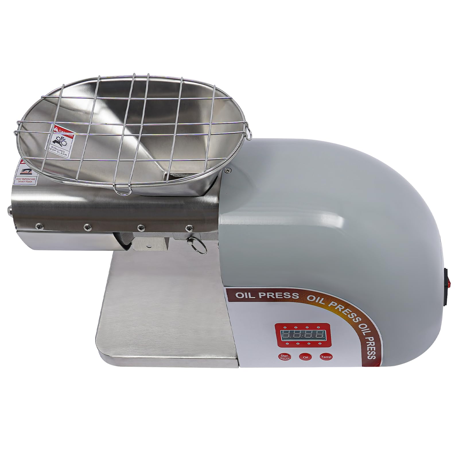 Presse à huile électrique 1800W en acier inoxydable, température réglable avec filet de protection, rendement 95%, double leviers pour usage domestique et professionnel