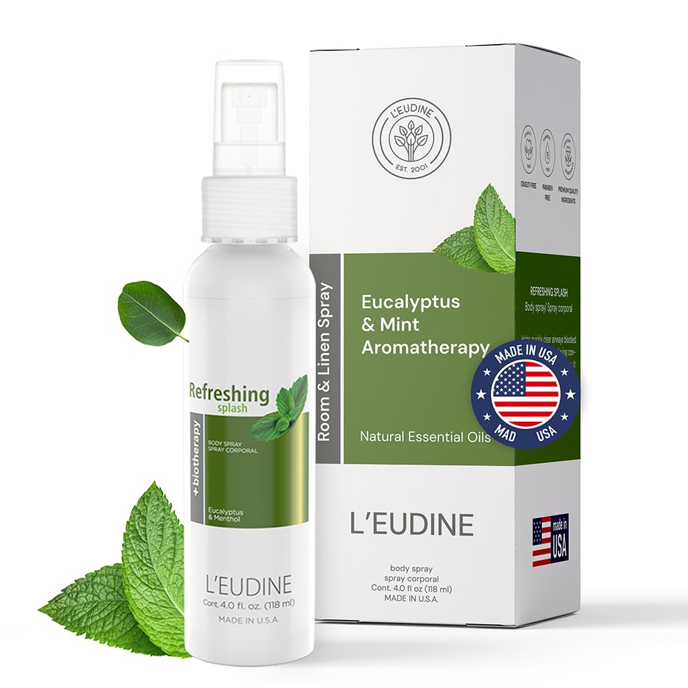 L'EUDINE Refreshing Splash with Eucalyptus Oil, Respiratory Care Body & Room Spray Mint and Aloe Infused, Gentle on The Skin, Multipurpose Small Spaces Air Freshener - 4.0 fl oz